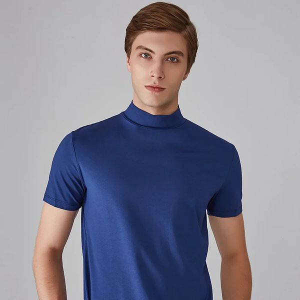 Erkekler Küçük Yüksek Boyun Kısa Kollu Tshirt Taşıtlı Düz ​​Renk Günlük Görünüm Kısa Çevreli Alt Gömlek İnce Fit 240304