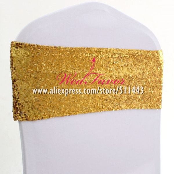 Faixas de cadeira com lantejoulas douradas e prateadas brilhantes, faixas elásticas de lycra com glitter, laços para cadeira, eventos, decoração de casamento, 100 peças