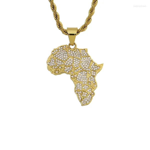 Anhänger Halsketten Hip Hop Strass Gepflasterte Bling Iced Out Gold Farbe Edelstahl Afrika Karte Anhänger Für Männer Rapper Schmuck