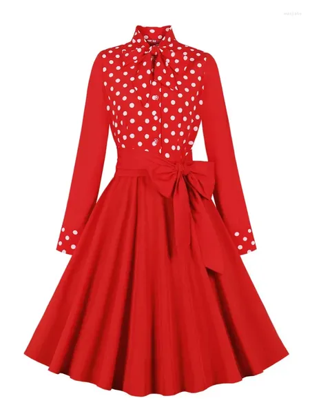 Sıradan Elbiseler 2024 Retro Yay Boyun Düğmesi Up Polka Dot Kırmızı Zarif Elbise Sonbahar Kış Giysileri Kadın Uzun Kollu Kereste Pinup Vintage