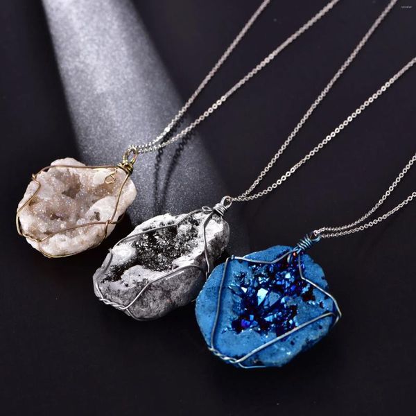 Ожерелья с подвесками, натуральный лечебный кристалл, жеодовое ожерелье для женщин, полная проволочная обмотка, неполированный натуральный друзы, кварцевый камень, подарок, 1 шт.