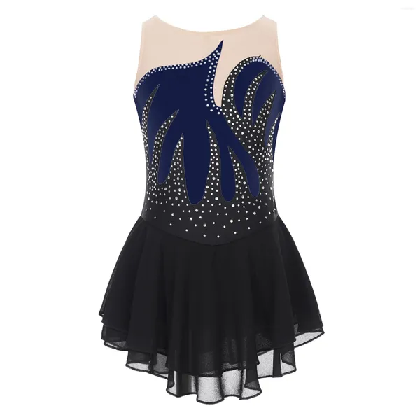 Stage Wear Crianças Meninas Brilhantes Diamante Figura Patinação No Gelo Vestido Sem Mangas Ballet Contemporâneo Leotard Color Block Sheer Malha Splice Vestidos