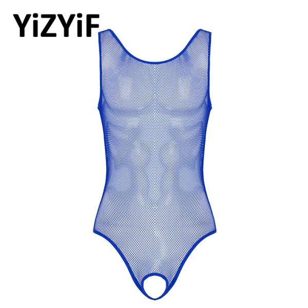 Costumi da bagno uomo sexy costume intero monokini scava fuori calze a rete lingerie scollo senza maniche con apertura sul cavallo body tuta da notte