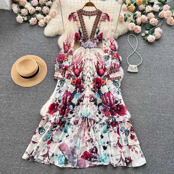 Frauen Tiefem V-ausschnitt Böhmischen Stil Kleid Frühling Sommer Runway Langarm Casual Blumen Druck Rüschen Süße Cascading Vestidos 240308