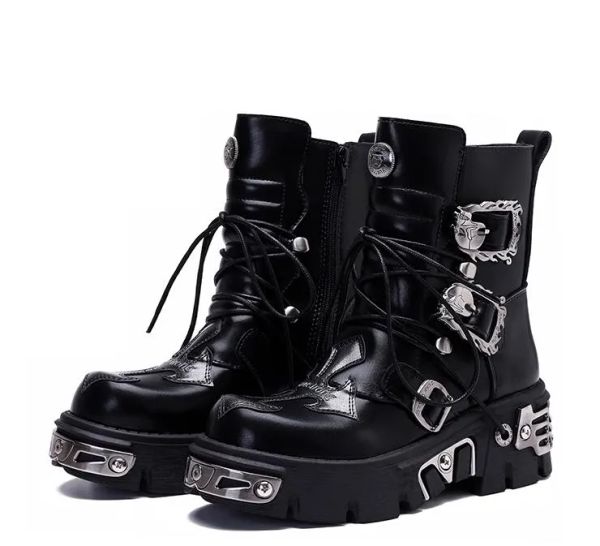 Botas vintage escuras masculinas e femininas, estilo punk espanhol, tiro de rua, matsutake, sola grossa, botas martin de metal pesado, botas de cano médio