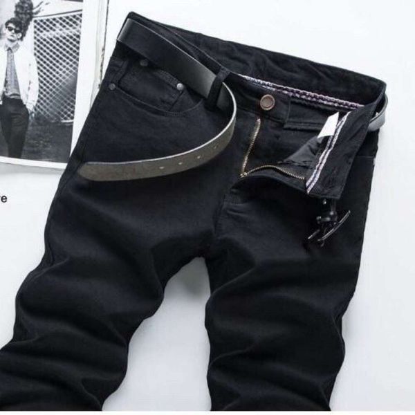 Чисто черные джинсы для мужчин, облегающие модные леггинсы в корейском стиле, эластичные прямые брюки для похудения, повседневные длинные брюки