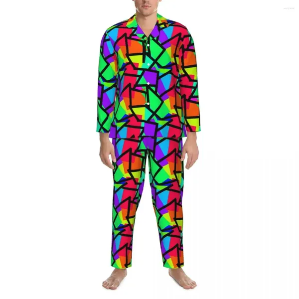 Masculino sleepwear geométrico 80s pijama conjunto primavera vibrante estilo retro graffiti moda sono homem 2 peças casual solto personalizado nightwear