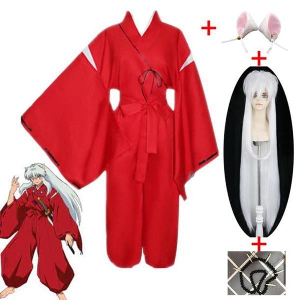 Costume a tema Anime Inuyasha Costume cosplay Costume di performance di Halloween Abito rosso Parrucca bianca Un paio di collane per orecchie1976067