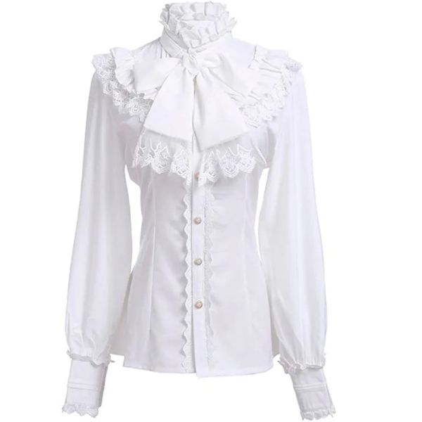 Camicie da donna white bowknot in pizzo camicie arruffate con vampiro vintage rinascimentale rinascimento vittoriano a vapore