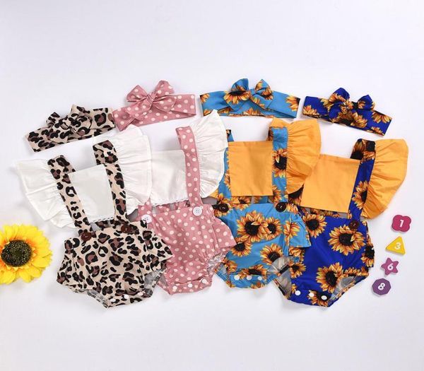 Bebê meninas plissado manga voadora macacão dos desenhos animados infantil floral dot leopardo macacões headbands conjunto verão moda crianças escalada clot2188069