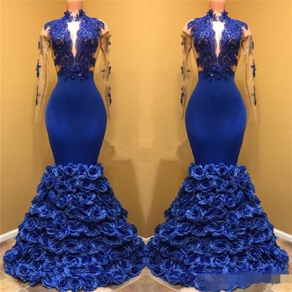 Royal Blue Black Girls Sirena Abiti da sera Maniche lunghe Applique in pizzo Buco della serratura Collo Abiti da ballo 3D Fiori di rosa Abiti da spettacolo2525