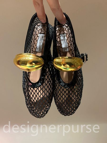 Designer Womens Shoes Ballet Falts em Fishnet Luxo Couro Genuíno Anti-Slip Borracha Bottom Flats para Mulheres Designer Dress Shoes Mary Confortável Sapatos de Pele de Cordeiro