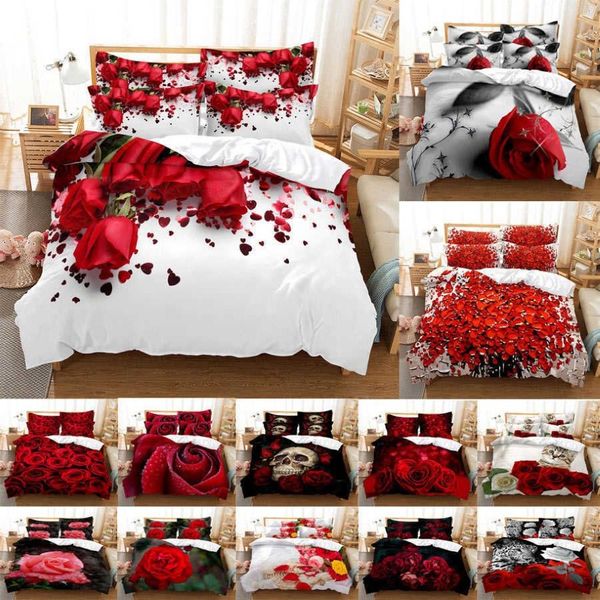 Rote Rose Bettwäsche-Set, Steppdecke, Bettbezug, Tröster, Kissenbezug, 3D-HD-Doppelbett, voll, King-Size-Bett, Doppelbett, Einzelbett, 3-teilig, 2-teilig, Schlafzimmer, Flower2795