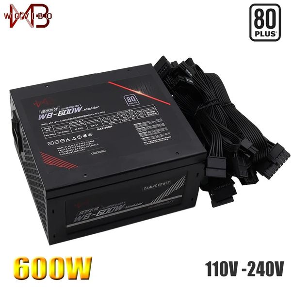 Wovibo fonte de alimentação para jogos, modular psu avaliado 600w 24pin 12v atx fonte de computador 110v 220v fonte de alimentação 120mm ventilador 240307