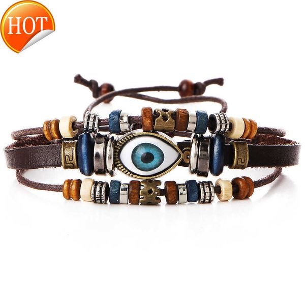 Charm-Armbänder, übertriebener nationaler Stil, Auge, Augapfel, mehrschichtig, verstellbares Perlenarmband, handgewebtes Leder