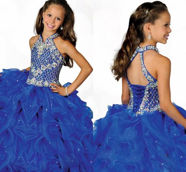 Girl039s Festzug-Kleider, glamouröses Neckholder, hoher Ausschnitt, Perlenträger, Perlen verziert, Festzug-Kleid für kleine Mädchen, plissiert, blauer Organza, K4910716