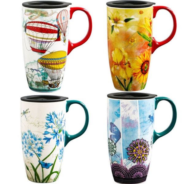 Caneca de café de viagem de grande capacidade 500ml com tampa cerâmica borboletas sobre flores porcelana latte xícara de chá para mulheres casal gift292w