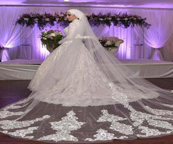 2019 véus de casamento muçulmano 2 camadas comprimento catedral apliques de renda véu de noiva com pente feito sob encomenda véu branco marfim blush cover7646190