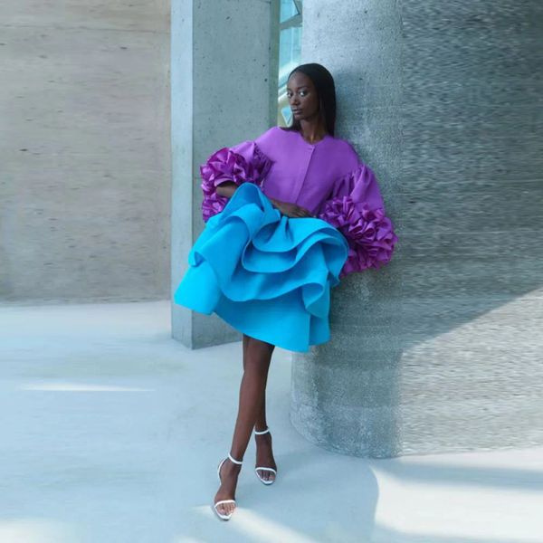 Saia azul babados saias curtas cetim em camadas meninas saias africano mulheres formal wear acima do joelho vestidos de festa senhora do escritório saia