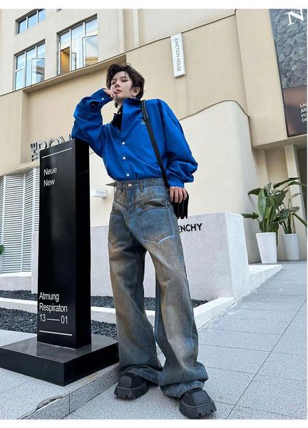 Jeans da uomo Retro Fried Street Bello vernice sbiancata Distressed Artigianato Denim allentato Gamba dritta Pantaloni larghi casual per uomo