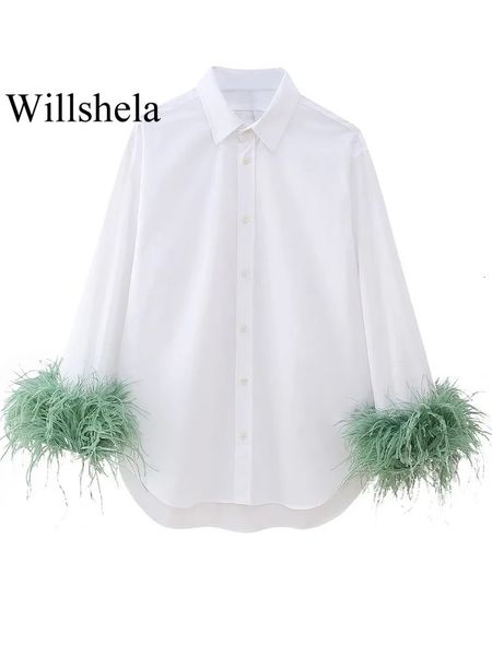Willshela Женская мода с перьями Белая однобортная блузка Винтажные женские шикарные рубашки с воротником с лацканами и длинными рукавами 240226