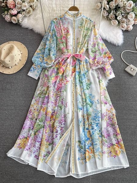 Abiti casual 2024 Moda Bohemain Flower Maxi Dress Stand da donna Manica lunga a lanterna Monopetto Stampa floreale Lace Up Abito Boho allentato