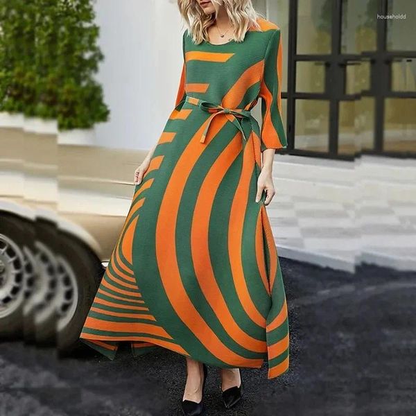 Повседневные платья EWSFV, осень 2024, высококачественная распашная юбка с семиточечным рукавом и цветным модным кружевным шоу, тонкое плиссированное платье