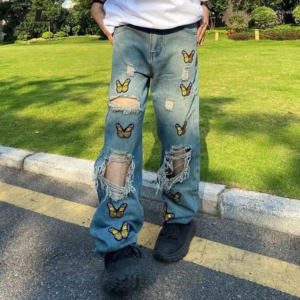Jeans da uomo Pantaloni in denim larghi con foro High Street Uomo Donna Pantaloni dritti Hip Hop Harajuku con ricamo a farfalla effetto lavato