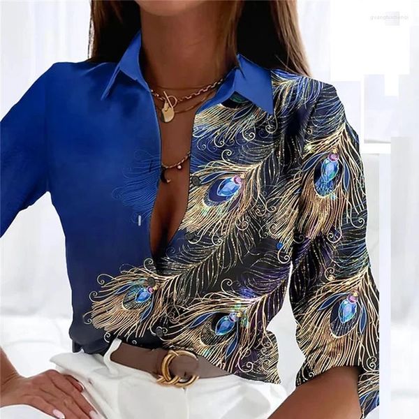 Blusas femininas mulheres jóias azul pena impressão blusa camisas primavera turn-down colarinho botão escritório tops outono manga longa casaco solto