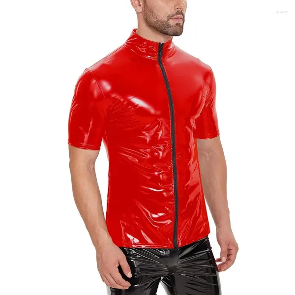 Herren-T-Shirts, rot, schwarz, glänzendes Hemd, Unisex, metallisches Hipster-PVC-Leder-T-Shirt, sexy Stehkragen, kurze Ärmel, T-Shirt-Oberteile mit Reißverschluss vorne