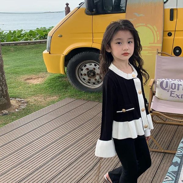 Casacos preto cardigan primavera temporada meninas coreano crianças roupas coreia casaco malhas 2024 gola redonda moda