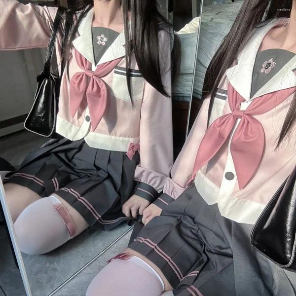 Vestidos de trabalho japonês escola menina jk uniforme feminino meninas kawaii arco rosa blusas saias plissadas define marinheiro terno trajes da marinha