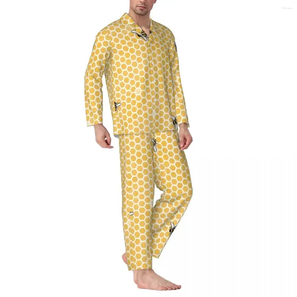 Homens sleepwear desenhos animados abelhas pijama conjuntos outono bonito abelha impressão macia casa masculina 2 peças estética oversized impresso nightwear