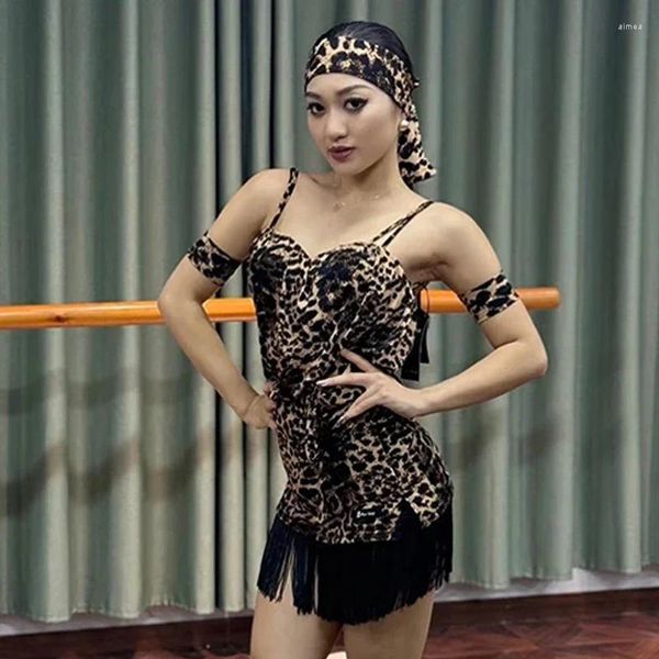 Palco desgaste leopardo impressão vestido de dança latina mulheres cha rumba samba desempenho traje sexy competição roupas adulto dnv19103