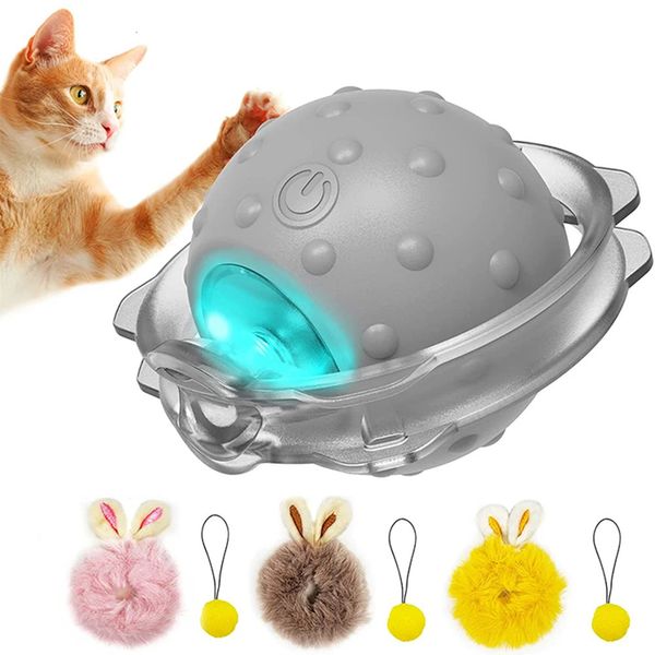 Coelho orelha gato brinquedo bola inteligente interativo gato brinquedos com som de pássaro led luz movimento ativar bola de rolamento elétrico gatos brinquedo 240227