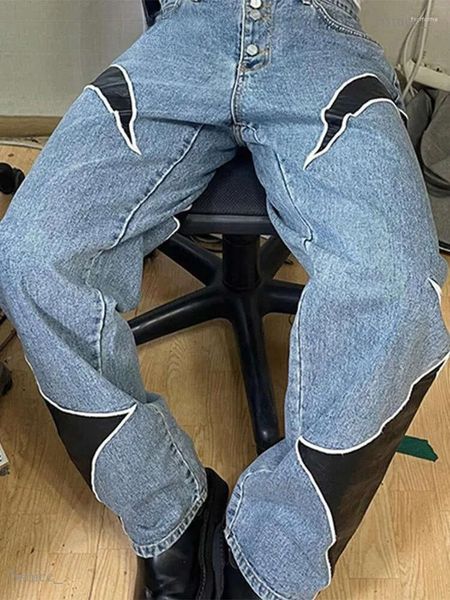 Pantaloni da uomo in pelle Pu Baggy Patchwork Jeans Uomo Thug Club Dritto Streetwear Autunno 2023 Oversize Pantaloni cargo unisex Uomo 899