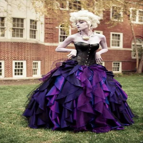 2020 Nuovo abito da ballo in taffetà di organza viola e nero Abito da sposa gotico Corsetto Abiti da sposa vittoriani di Halloween Custom Made221L