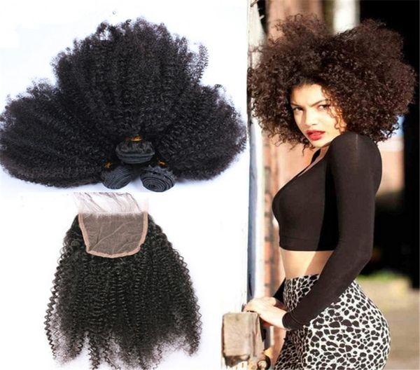 Cabelo humano brasileiro afro kinky encaracolado com fechamento de renda afro kinky encaracolado fechamento completo de renda com pacotes de cabelo 4pcslot5508301