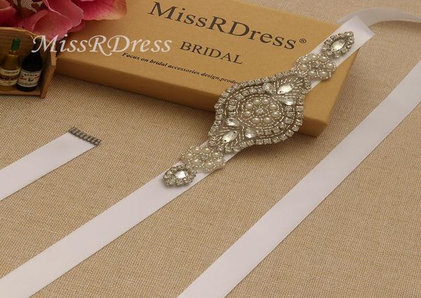 MissRDress Cinto de casamento feito à mão com faixas de pérolas, fitas de flores de cristal prateado, strass, vestidos de noiva, cinto para weddi5016633