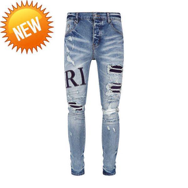 Designer Stack Jeans Europeu Roxo Jean Homens Bordados Quilting Rasgado para Tendência Marca Vintage Pant Mens Fold Slim Skinny Fashion747 HP