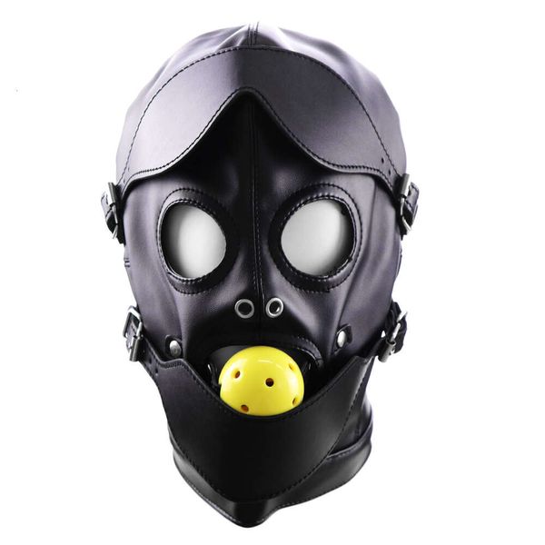 Cosplay Fetish Bondage Copricapo con bocca Ball Gag BDSM Hot Cappuccio in pelle erotica per uomini Giochi per adulti Maschera SM per sesso