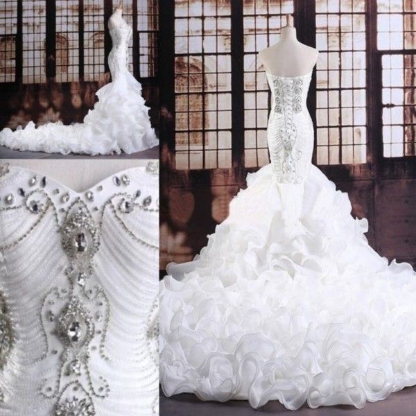 Abiti da sposa a sirena senza spalline volant organza abiti da sposa cristalli di lusso perline pizzo cappella treno corsetto posteriore reale Sampl286J