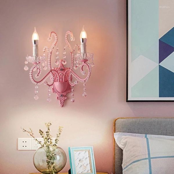 Lâmpada de parede rosa quarto lâmpadas led cristal pingente escandinavo criativo meninos meninas princesa decoração do quarto luzes fundo