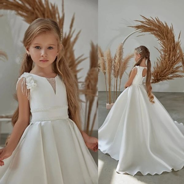 Simples branco flor menina vestido para casamentos 3d flores frisado cetim aline longo aniversário pageant robe primeira comunhão vestido 240306