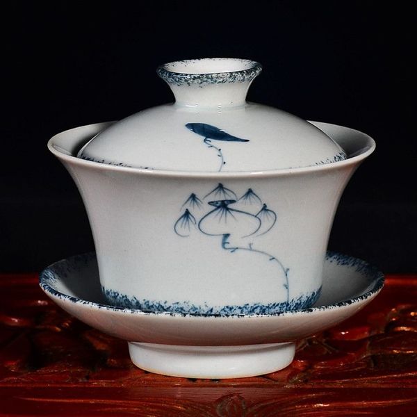 Ручная роспись в стиле ретро Гайвань, сине-белый фарфоровый чайный чехол Цзиндэчжэнь, керамическая чаша для чая Sancai, древняя чашка301i