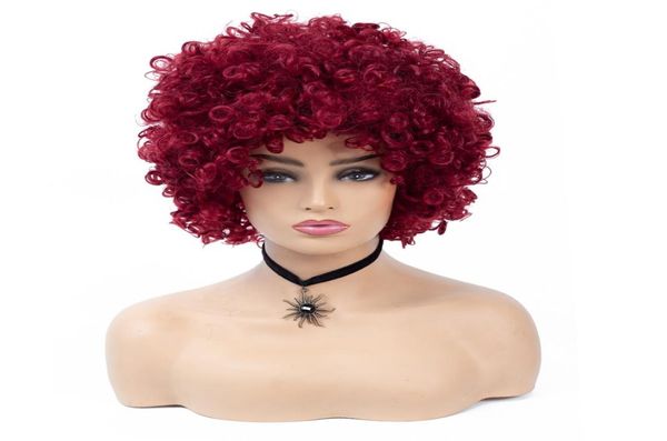 Peruca curta afro kinky encaracolado perucas sintéticas para mulheres vinho misto vermelho cosplay penteados africanos perucas3429089