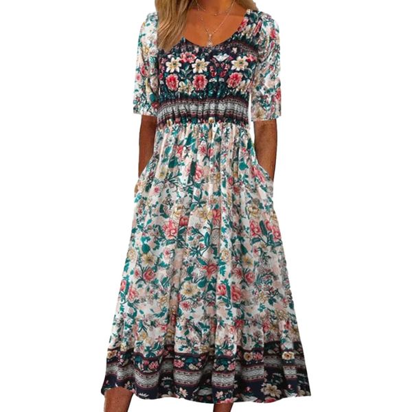 Lässige Bohemian-Kleider für Damen, Blumendruck, kurzärmeliges Kleid, Sommer, lockerer Rundhalsausschnitt, A-Linien-Kleider in Übergröße mit Taschen