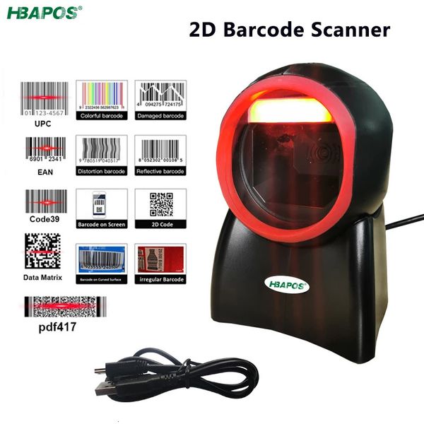 2D Omnidirektionaler Barcodescanner 1D QR Code Desktop Auto Sense Bar USB PDF417 Datenmatrixleser für Supermarktgeschäft 240229