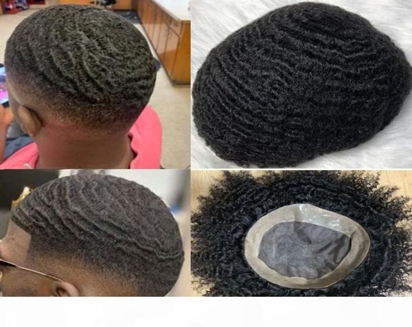 Афро -волновая агрегата моно кружевная Toupee 4 мм 6 мм 8 мм 10 мм индийской девственной замена волос Afro Kinky Curl Men Wig Shippinng8347895