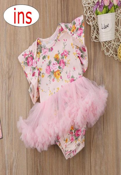 Meninas Romper Rosa Rosa Floral Flores Mangas Voadoras Macacão Chiffon Tutu Floral Macacão Renda Borda Respirável Roupas de Verão Outf1309189